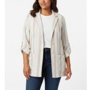 TORRID plus size light beige and brown stripes linen look lined blazer